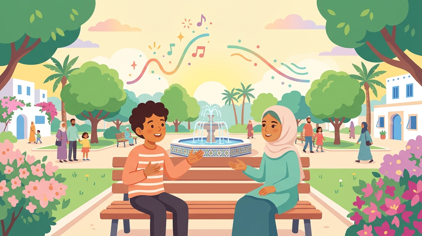 Deux enfants discutent sur un banc dans un parc avec une fontaine ; au-dessus d'eux, des lignes colorées et des notes de musique montent et descendent